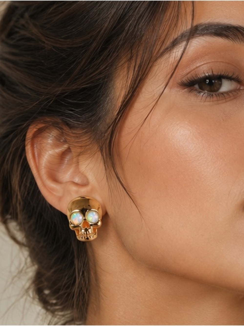 Gold Skull Stud Earrings with Iridescent Pearl Eyes - Women Jewelry